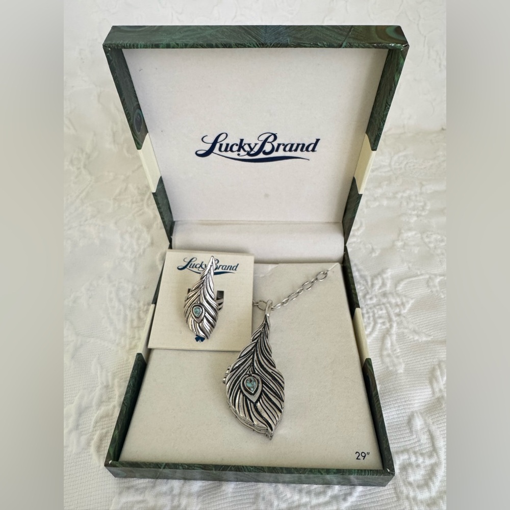 Lucky Brand Peacock Feather Turquoise Necklace & Ring Set! NWT